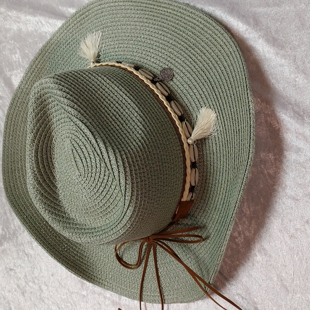 Unisex Woven Western Straw Beach Sun Hat Cowrie Cowry Shells Tassels Sage Green - Picture 6 of 15